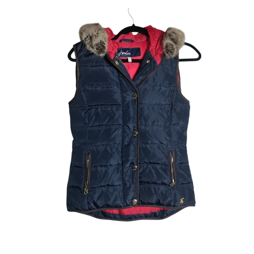Joules Marnavy Blue Quilted Puffer Vest Faux Fur Hood Women US‎ 4 UK 8 124335